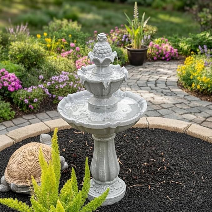 XBrand 36.2" Solar Powered 2-Tier Outdoor Water Fountain, Resin Fountain with Solar Panel Pump, Gray