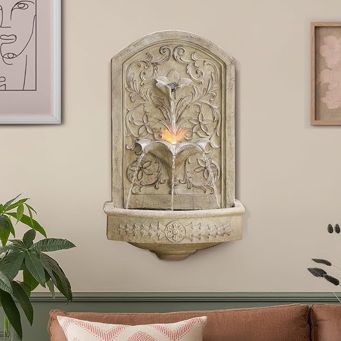 Vintage Wall-Mounted Outdoor Fountain, 28.3" H Resin Garden Water Feature with Floral Carving, Decorative Antique Wall Waterfall for Patio, Yard, Porch & Home Décor