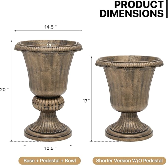 MoNiBloom 20-Inch Plastic Urn Planter Vase Set of 2, for Outdoor Indoor Plants Garden Patio Vintage Decorative Wedding Pedestal Roman Flower Pot Decoration Retro Home Front Porch Door Decor (Brass)