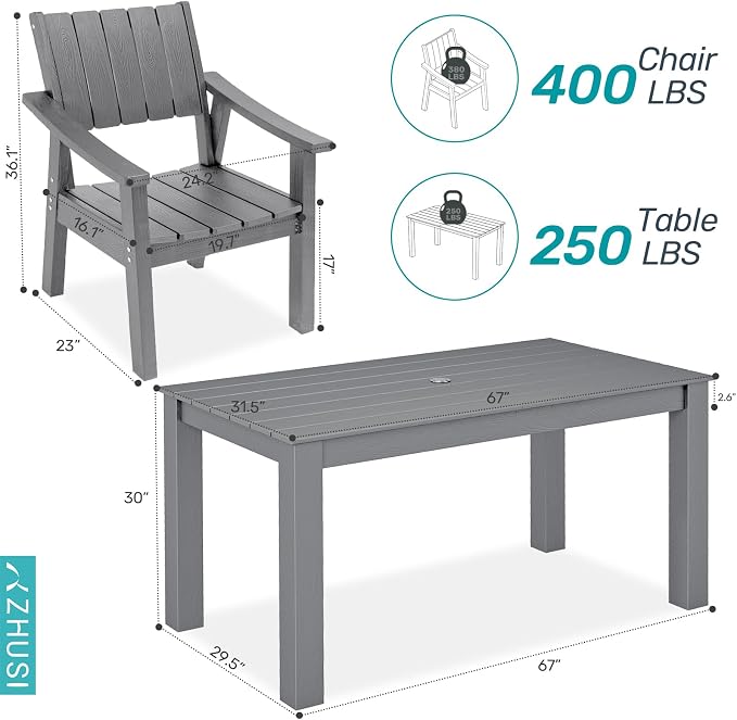 ZHUSI Patio Table and Chairs Set, Outdoor Table and Chairs,HDPE Outdoor Dining Set with Umbrella Hole for Backyard, Poolside, Porch 6 Armchairs - Image 7