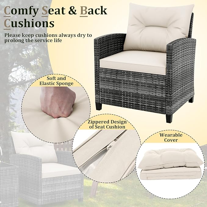 RELAX4LIFE 3 Piece Patio Furniture Set, Wicker Bistro Conversation Set w/2 Cushioned Armchairs & Glass Topped Table, Outdoor Rattan Sofa Set Patio Furniture for Porch Balcony Poolside (Grey-White)