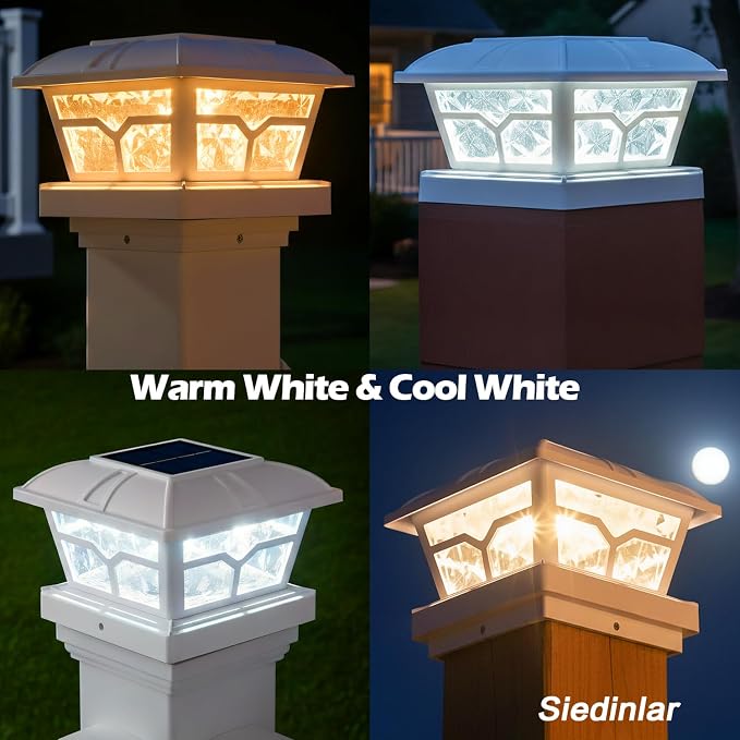 SIEDiNLAR Solar Post Cap Lights Outdoor 2 Color Modes 8 LEDs for 4x4 5x5 6x6 Posts Fence Deck Patio Decoration Warm White & Cool White Lighting White (2 Pack) - Image 3