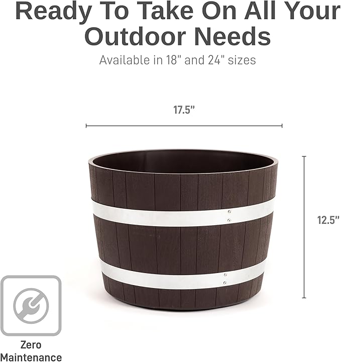 RTS Home Accents 100% Recycled Polyethylene 18 inch Heavy Duty Better Barrel Planter with Rusting Steel Bands, Walnut Color (Pack of 2)