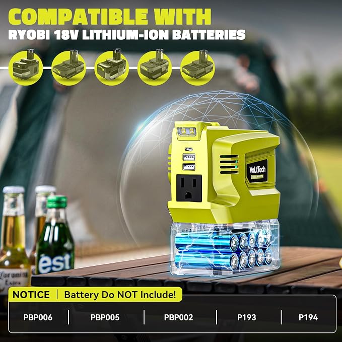 Real 200W Power Inverter Compatible with Ryobi 18V, VoLtTech Battery Inverter 18V to 110V-120V, Phone Charger USB Charger Adapter Power Adapter with 2 USB Ports & 1 Type-C & 1 AC Outlet (No Battery) - Image 4