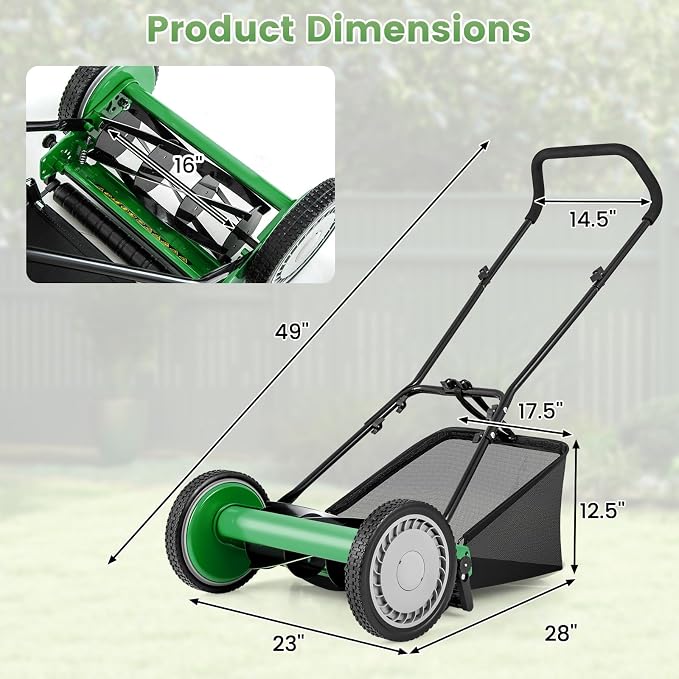 16-inch 5-Blade Push Reel Lawn Mower, Walk-Behind Grass Cutter w/Removable 7 Gallon Grass Catcher Bag & Adjustable Cutting Height, Cordless Manual Lawn Mower for Garden, Lawn, Yard (Green) - Image 8