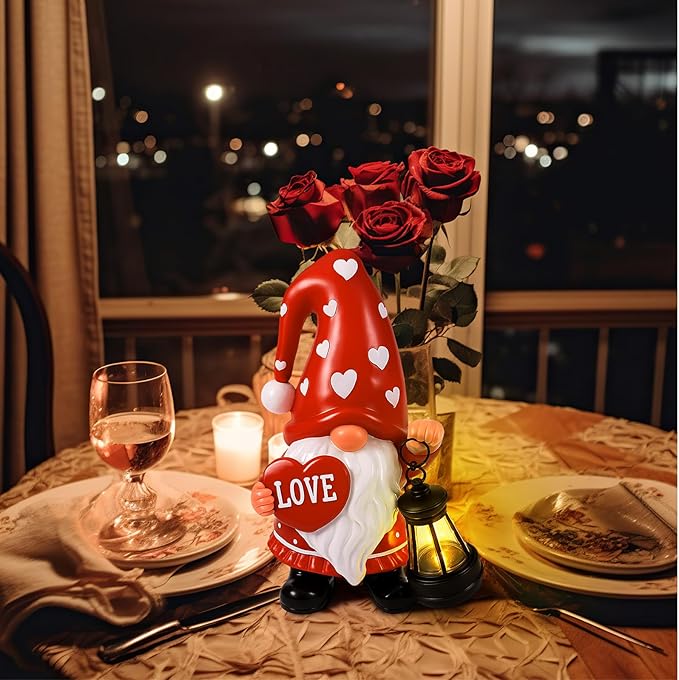 Retisee Solar Valentine's Day Garden Statue Resin Gnome Statue with Hearts LED Lights Outdoor Love Solar Light Figurine Decoration for Yard Patio Lawn Gift for Valentine's Day Anniversary