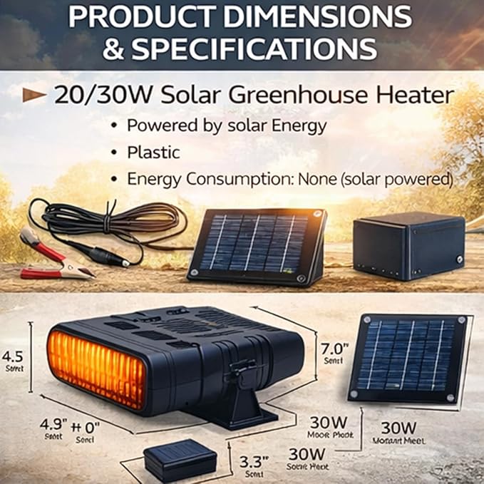 Solar Heater for Greenhouse, Solar Heater for Chicken Heater, Solar Powered Heater for Outdoor Use, Dog House, Shed, Pet Shelter - Smart Thermostat, Weather-Resistant, Easy Mount (Black-30W)
