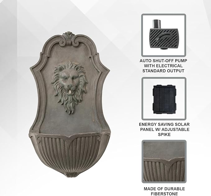 XBrand 26" Solar-Powered Wall-Mounted Lion Head Fountain, Resin, Outdoor, Gray