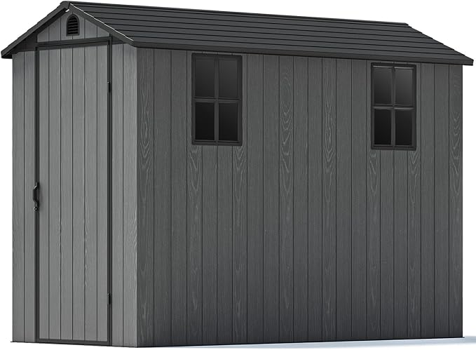 Patiowell 4x8 FT Plastic Outdoor Storage Shed with Floor, Garden Tool Shed with Two Windows and Single Lockable Door for Garden, Backyard, Lawn, Easy to Install, Dark Grey by Patiowell