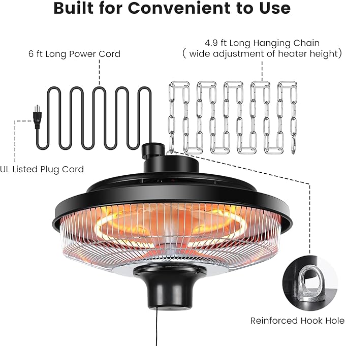 Hanging Patio Heater, 1500W Electric Infrared Heaters for Home, Gazebo, Garage, Greenhouse, Ceiling Mount with Overheat Protection, IPX4 Water Resistance, Adjustable Height (Silver)