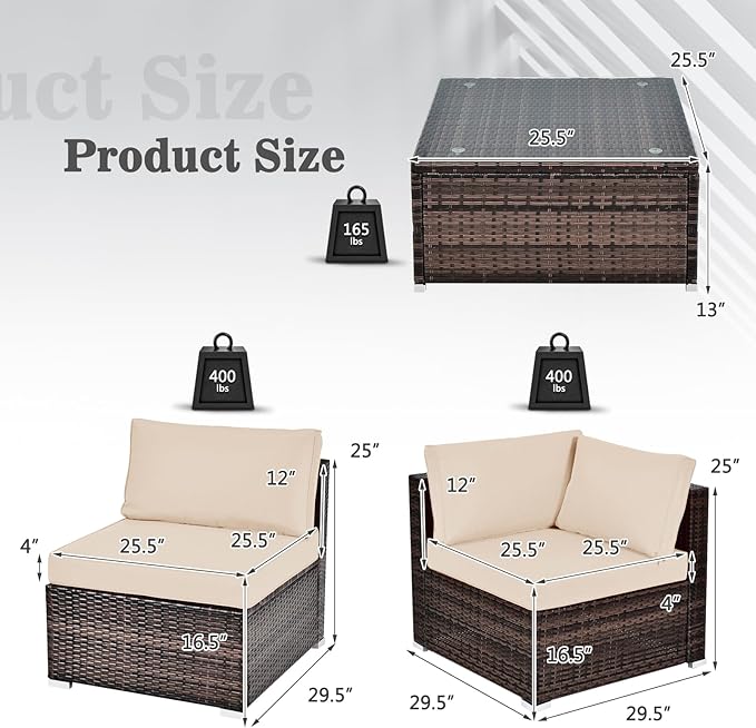 Tangkula 6 Pieces Patio Furniture Set, Outdoor Wicker Conversation Set with Glass Coffee Table, Wicker Sofa Set with Back & Seat Cushions, Rattan Sectional Conversation Set for Backyard Garden