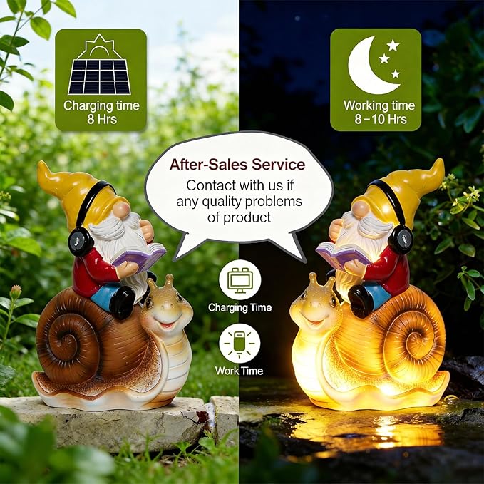 Ferrisland Garden Gnomes Snail Outdoor Figurines with Solar Lights, 10.4 inches Resin Solar Gnomes Decoration Yard Outdoor Garden, Patio Yard Lawn Birthday Housewarming Mother's Day（Gnome on Snail）
