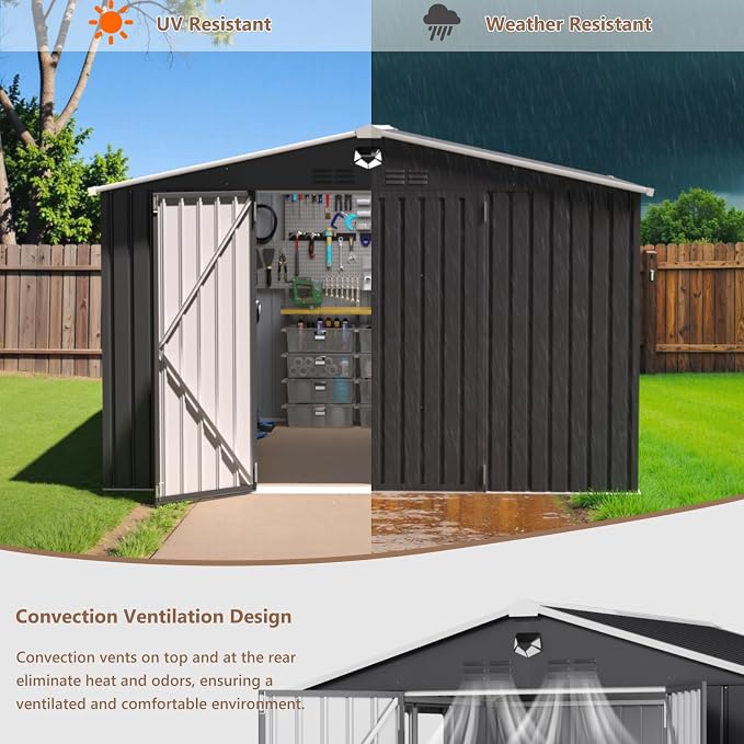 10x8 FT Outdoor Storage Shed, Metal Garden Shed - Tool Storage Sheds with Lockable Doors & 1 Clear Window, Waterproof Outside Storage Building for Backyard, Patio (Black; Floor Not Included) - Image 6