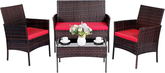 Patio Furniture Set 4 Pieces, Outdoor Rattan Furniture with Tempered Glass Coffee Table, Modern Rattan Patio Chairs Conversation Sets with Sofa for Garden, Terrace, Porch, Lawns Brown/Red
