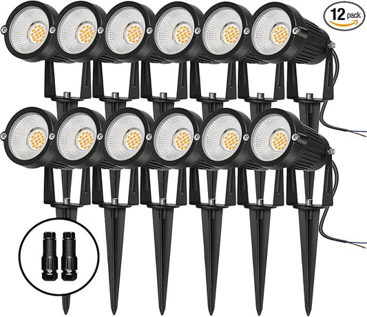 Low Voltage Landscape Lights Outdoor: 7W 700LM LED Landscape Lighting with Connectors for Tree Garden Yard Pathway | 12V 24V Warm White 2700K Spotlights | IP65 Waterproof | 12 Pack