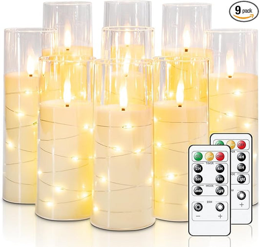 Raycare Flameless Candle with Remote Timer – 9 Flickering Acrylic Battery Operated LED Pillar Candles with Embedded Star String for Valentine's Day, Home Decor, and as a Gift (Ivory)