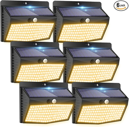 [138 LED/6 Packs] Solar Outdoor Motion Sensor Lights with 3 Lighting Modes Wall Lights Waterproof Solar Security Powered Lights for Garden Fence Yard Deck Garage, Warm White