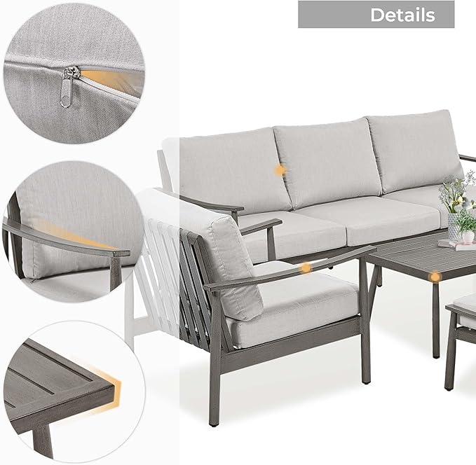 HAPPATIO Patio Outdoor Furniture Set - 6 Pieces Aluminum Outdoor Conversation Set with 1 Three-Seater Sofa, 1 Coffee Table, 2 Armchairs, and 2 Ottomans for Yard, Porch, and Deck (Grey)