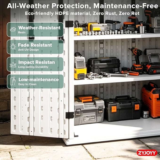 ZYJOYY Outdoor Storage Cabinet with 4 Shelves, 31.5" x 23.23" x 66.22" White Waterproof Resin Vertical Tool Shed, Lockable 30 cu.ft. Storage Shed for Patio, Garden, Yard - Image 6
