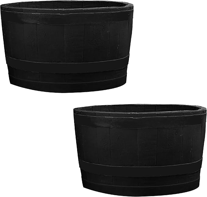 RTS Home Accents Polyethylene Whiskey Barrel Planter for Indoor or Outdoor Gardening, Black (2 Pack)