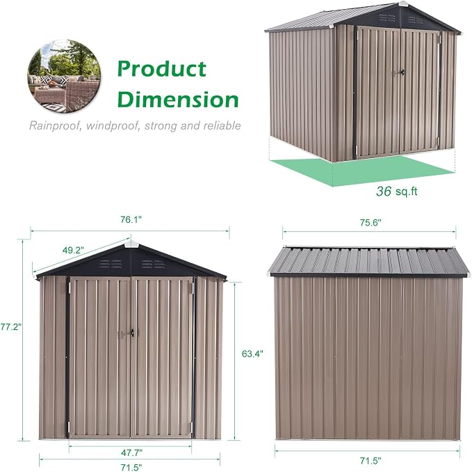 AECOJOY 6' x 6' Outdoor Storage Shed, Metal Shed with Design of Lockable Doors, Utility and Tool Storage for Garden, Backyard, Patio, Outside use - Image 6