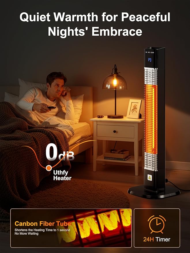 Uthfy Electric Outdoor Patio Heater,1500W Infrared Heater with 24H Timer, Remote, Waterproof, Quiet Portable Space Heater for Large Room, 35” Tower Heater for Indoor Garage, Balcony, Backyard, Shop