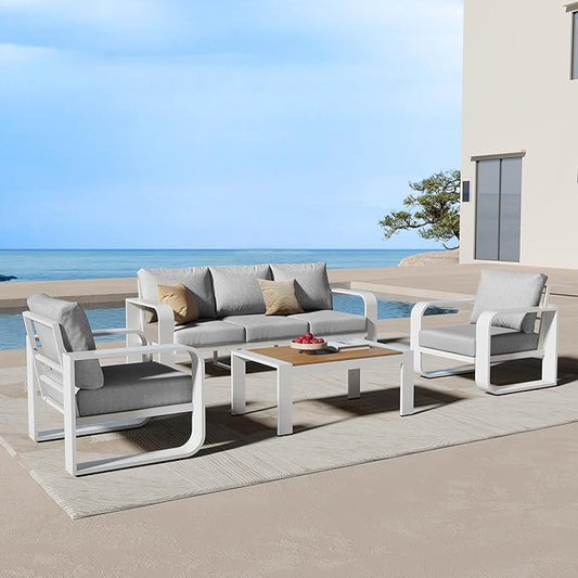 Aluminum Outdoor Patio Furniture Set, 4 Piece Oversized Patio Conversation Sets Widened Armrest & Ultra-Thick Cushions, Heavy Duty Modern Sectional Furniture for Backyard, Porch, White