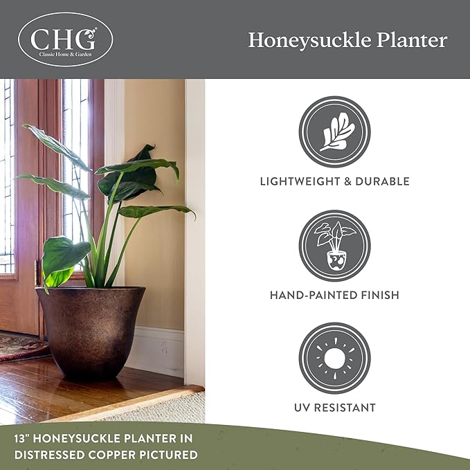 Classic Home and Garden Honeysuckle Resin Planters - Lightweight Indoor & Outdoor Plant Pots - UV-Resistant Plastic Flower Pots - Pot Planters for Flowers & Herbs (13" Orange Ember)