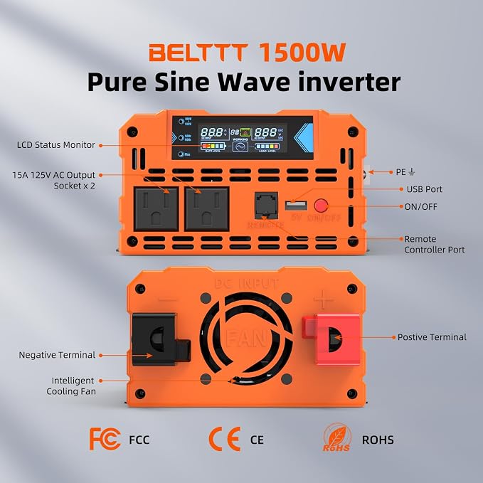 BELTTT 1500W Pure Sine Wave Inverter 12V to 120V AC, Inverter 12V to 110V Converter for Solar, Off-Grid, RV, Truck, Power Inverter with Dual AC Socket, 5V 2.1A USB, Surge 3000W, Smart LCD Display - Image 6