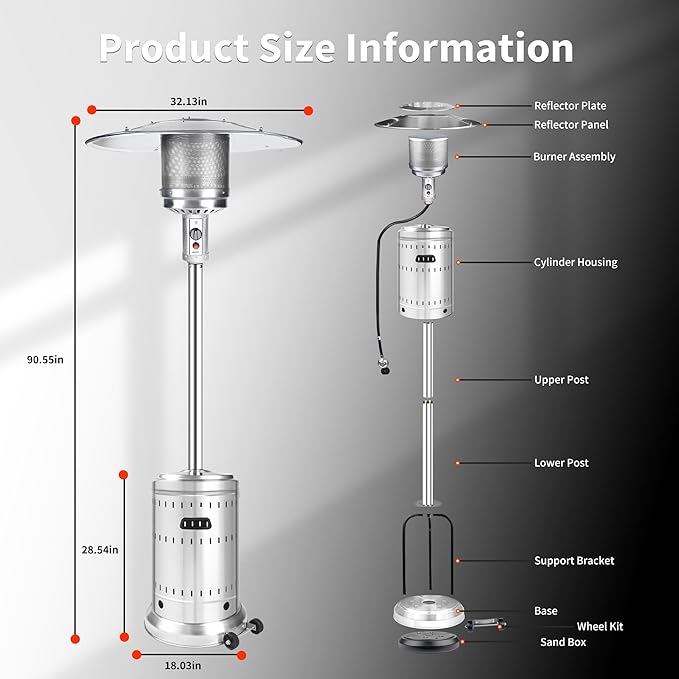 MAJARO 50,000 BTU Outdoor Propane Patio Heater with Wheels – All-Stainless Steel Gas Heater, Weighted Base, Easy Ignition & Safety Tilt Shut-Off for Patio, Backyard, Garden & Commercial Use