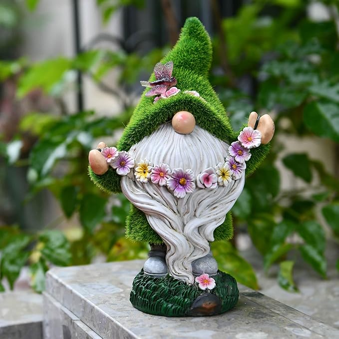 DiliComing Garden Flocked Gnomes Decor for Yard - Artificial Green Moss Gnome Statue with Solar Light, Dwarf Sculpture for Outdoor Patio Porch Lawn Decor, Spring Decorations for Home