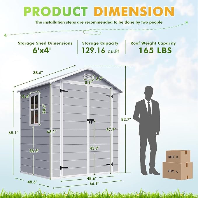 Devoko 6 x 4 FT Plastic Outdoor Storage Shed with Floor, Resin Tool Shed with Window, Outside Waterproof Garden Shed with Lockable Door for Patio, Backyard, Poolside, Light Grey - Image 2