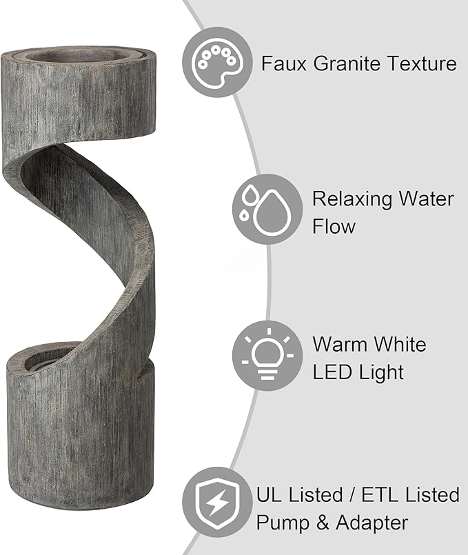 Glitzhome Outdoor Fountain with LED Light, Oversized Spiral Water Fountain Outdoor with Stone Planter, Modern Curved Waterfall Fountains Water Feature for Garden Patio, 40”H
