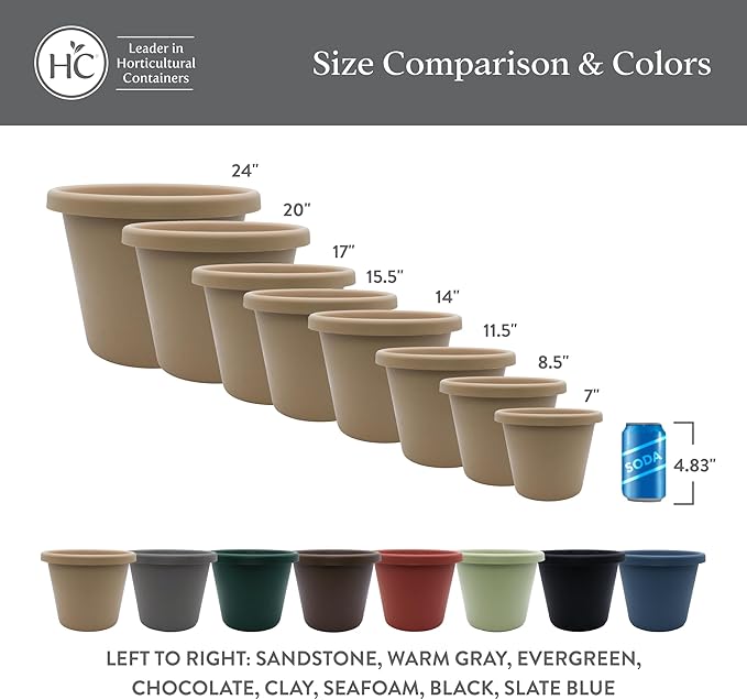 The HC Companies 11.5 Inch Classic Round Planter Pots with Drainage, Rolled Rim Plastic Planters for Indoor & Outdoor Plants, 2-Pack Decorative Flower Pots for Garden, Office & Home Decor, Chocolate