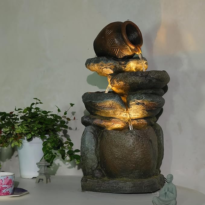 Outdoor Rock Garden Water Fountain for Garden, Patio, Backyard, Deck, Porch and Office, Living Room Home Art Decor, 3 Tiers Natural Cascading Outdoor Fountain with LED Lights 11“x9”x22