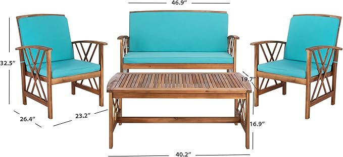 SAFAVIEH Outdoor Collection Fontana Natural/Aqua Cushion 4-Piece Conversation Patio Set