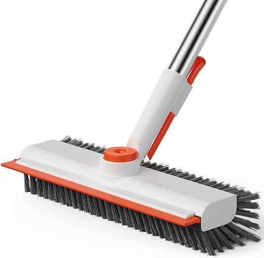 AIR U+ Floor Scrub Brush with Long Handle, 3 in 1 Scrape and Heavy-Duty Stiff Bristle Scrubber Brush for Cleaning Shower Bathroom, Patio, Pool, Garage, Kitchen, Wall and Deck, White and Orange by AIRU