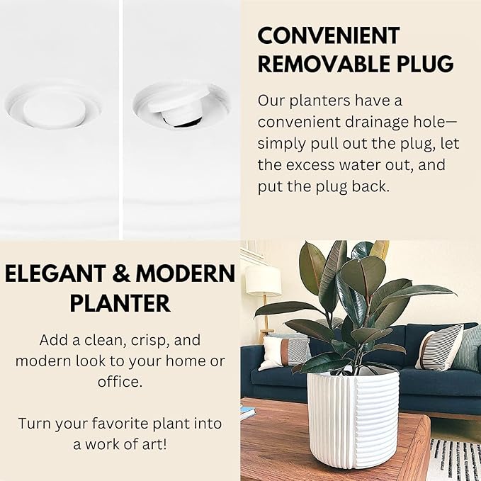 Fox & Fern 10 Inch Plant Pot with Drainage Plug — Premium Polystone White Plant Pot - Modern Planter with 3D Texture and Ceramic Finish - 10 Inch Pots for Plants Indoor & Outdoor
