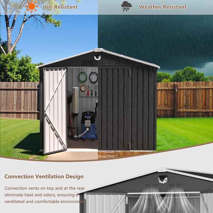 8x6 FT Outdoor Storage Shed, Metal Garden Shed - Tool Storage Sheds with Lockable Doors & 1 Clear Window, Waterproof Outside Storage Building for Backyard, Patio (Black; Floor Not Included) - Image 5