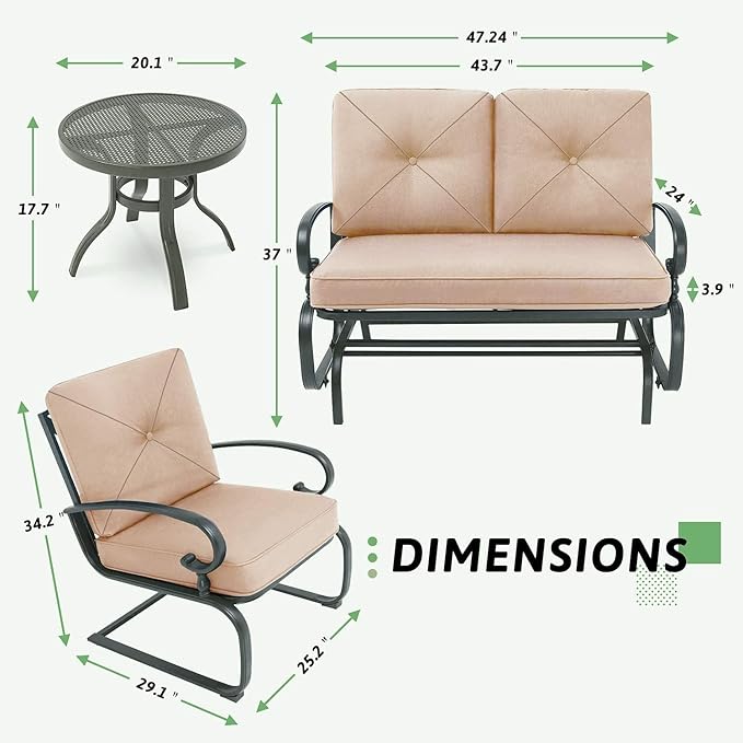 SOLAURA 4-Piece Outdoor Furniture Patio Conversation Sets Swing Glider Loveseat and Spring Lounge Chairs with Side Table for Garden, Deck, Balcony, Poolside, Lawns (Brown)