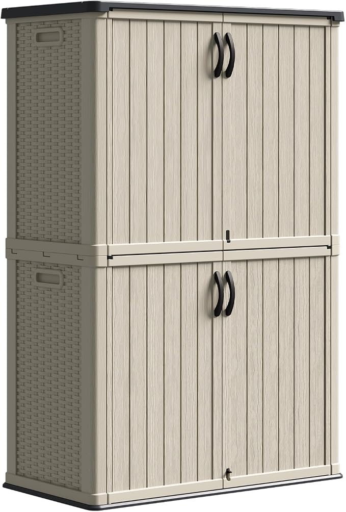 Patiowell 50 cu.ft Plastic Outdoor Storage Shed, Lockable Waterproof Resin Storage Cabinet Vertical Storage Shed for Garden Tools, Garbage Cans, Pool Supplies, Beige(Not Include Shelves) by Patiowell
