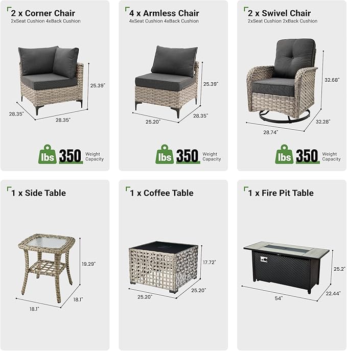 11 Pcs Patio Furniture with Fire Pit Table, Outdoor Rattan Wicker Conversation Set with Glowing Coffee Table, Comfy Sectional Sofa for Porch Balcony Backyard Pool, Black