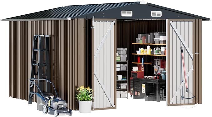 COMHOMA Shed Outdoor Storage Shed Metal,Lockable Doors Tool Sheds with Sloping Roof,Steel Garden Shed with Air Vent for Backyard,Patio,Lawn,Poolside (Brown, 10'x12') - Image 4
