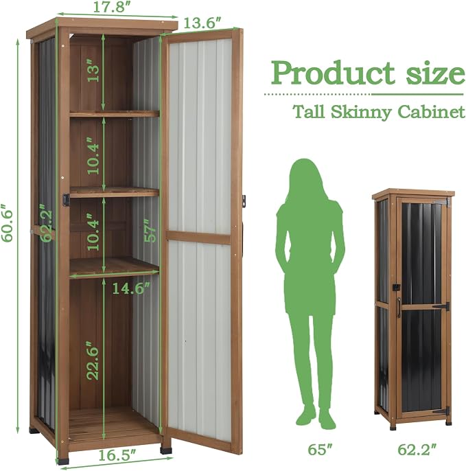62" H Tall Narrow Outdoor Storage Cabinet with Metal Top, Outdoor Shed Storage Unit Waterproof with Adjustable Shelves for Garden, Patio, Living Room, or Entryway Storage, Black - Image 4