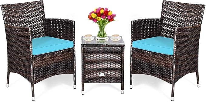 HAPPYGRILL 3-Pieces Patio Furniture Set Outdoor Rattan Wicker Conversation Set with Coffee Table Chairs & Cushions for Patio Garden Lawn Backyard Poolside
