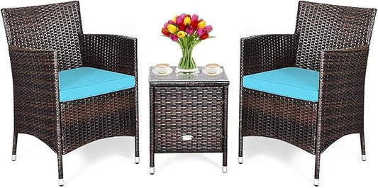 HAPPYGRILL 3-Pieces Patio Furniture Set Outdoor Rattan Wicker Conversation Set with Coffee Table Chairs & Cushions for Patio Garden Lawn Backyard Poolside