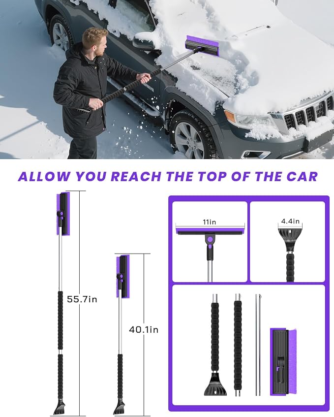 helloleiboo 2025 Extra Long 55.7" Ice Scrapers for Car Windshield Multi-Functional Detachable Car Ice Scraper with Foam Grip and 270° Pivoting Brush Head Snow Brush for SUV Truck Auto(Purple) - Image 6