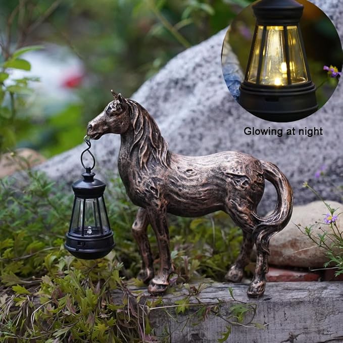 Solar Garden Horse Figurine with Lantern - Outdoor Farmhouse Statue, Whimsical Decor for Indoor Home - Housewarming Gift for Mom Grandma (Bronze)