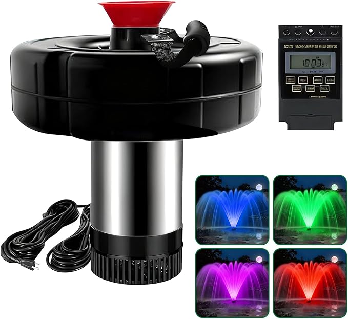 Pond Fountain Aerator,with Dynamic LED RGB Lighting,Adjustable Modes, Digital Timer -Pond fountain1HP 15,000 GPH, 750W 110V, 100FT Cord - for Large Ponds, Lakes & Outdoor Water Features