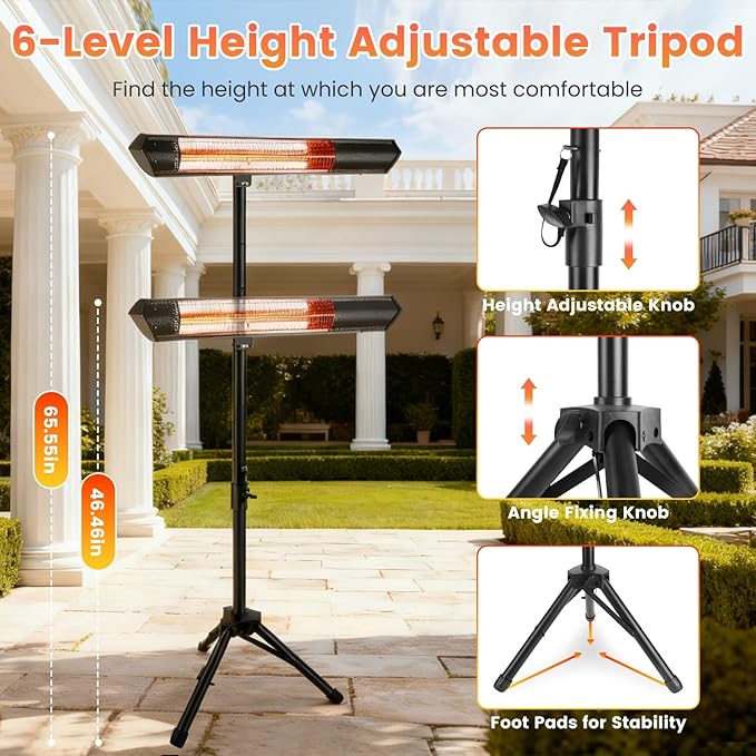 Outdoor Heaters for Patio, 1500W Infrared Heater with Stand, IP65 Waterproof Electric Patio Heater Tripod Wall Mount, 3 Heating Levels, Remotes, Timer for Garage Yard Home